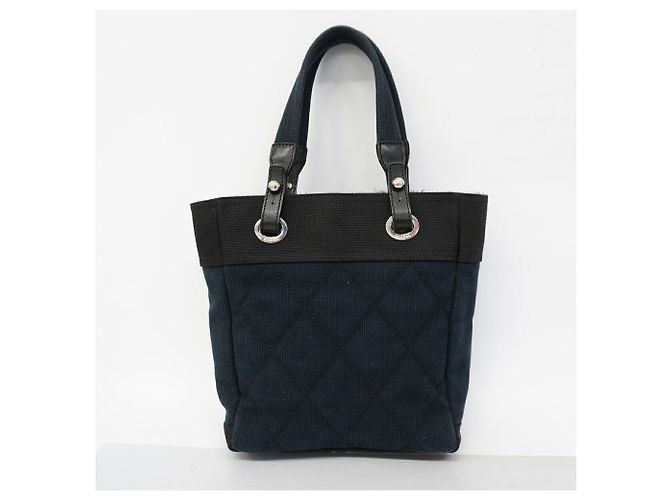 Chanel Paris Biarritz Canvas Tote Bag Schwarz Marineblau - Ansicht 9