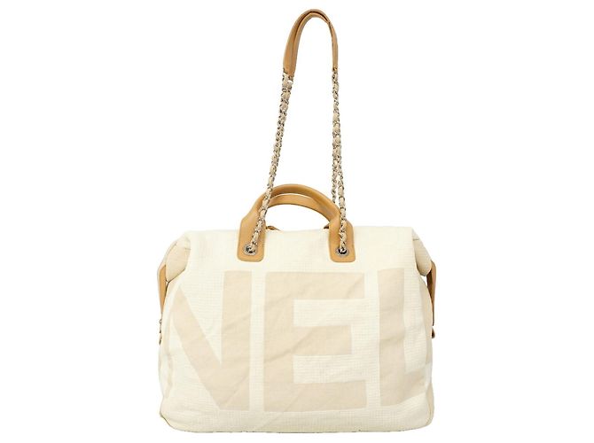 Borsa a mano Chanel Deauville in tela Beige Crudo - vista 12