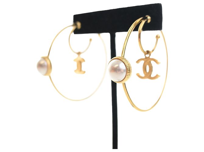 Orecchini a cerchio doppio Chanel Gold CC placcati oro con perle Bianco - vista 7