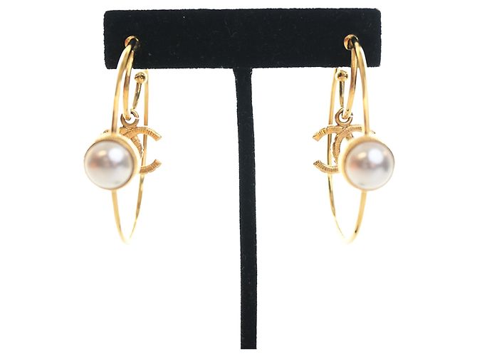 Orecchini a cerchio doppio Chanel Gold CC placcati oro con perle Bianco - vista 8