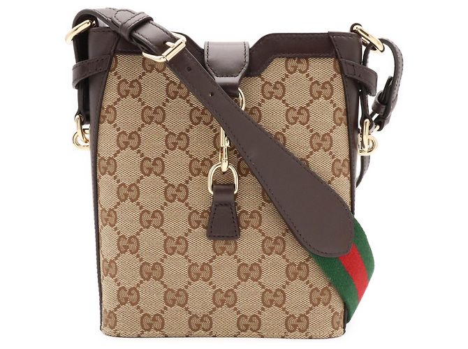 Mini borsa secchiello Gucci GG Canvas Rosso Beige Verde Marrone scuro - vista 2