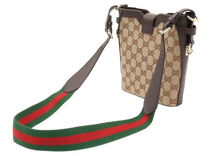 Mini borsa secchiello Gucci GG Canvas Rosso Beige Verde Marrone scuro - vista 3