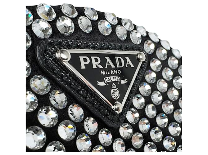 Borsa a tracolla Prada in raso nero e strass - vista 11