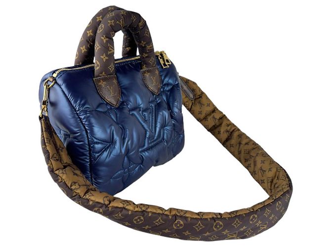 Speedy Borsa a tracolla Louis Vuitton in nylon blu e marrone - vista 11