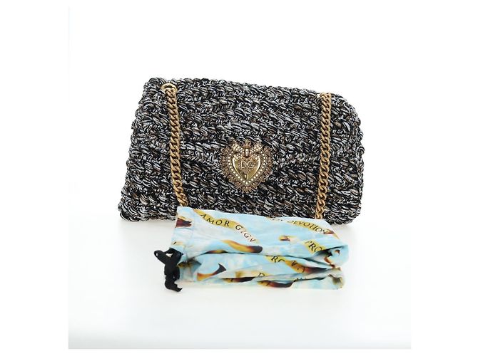 Dolce & Gabbana Borsa a tracolla DOLCE&GABBANA Devotion con catena in tweed nero e oro Auth BA14821SAM - vista 12