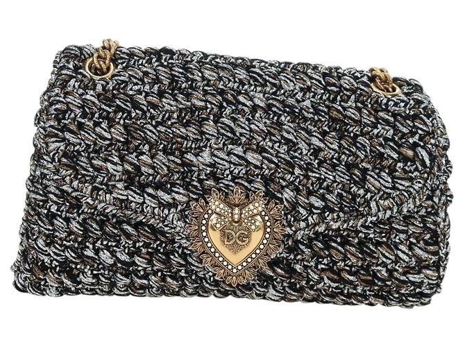 Dolce & Gabbana Borsa a tracolla DOLCE&GABBANA Devotion con catena in tweed nero e oro Auth BA14821SAM - vista 13