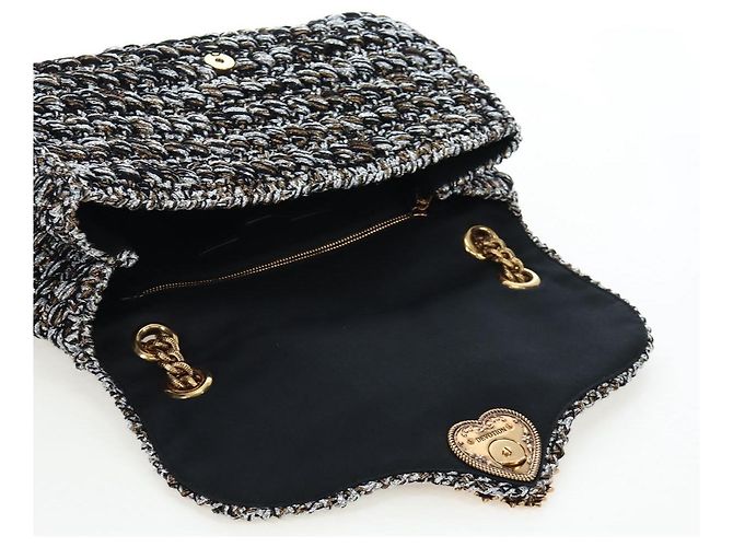 Dolce & Gabbana Borsa a tracolla DOLCE&GABBANA Devotion con catena in tweed nero e oro Auth BA14821SAM - vista 19