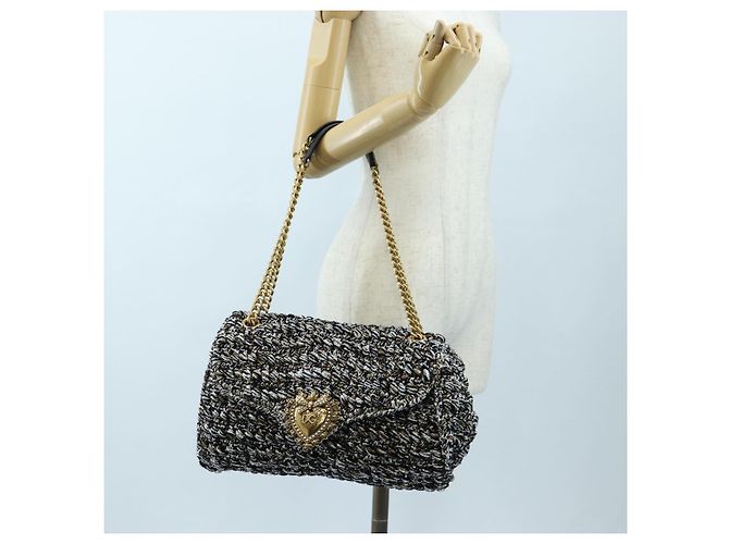 Dolce & Gabbana Borsa a tracolla DOLCE&GABBANA Devotion con catena in tweed nero e oro Auth BA14821SAM - vista 26
