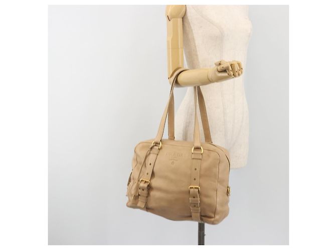 Borsa Tote PRADA Vittero Dino Leather Beige Gold Auth 194855A D'oro - vista 27