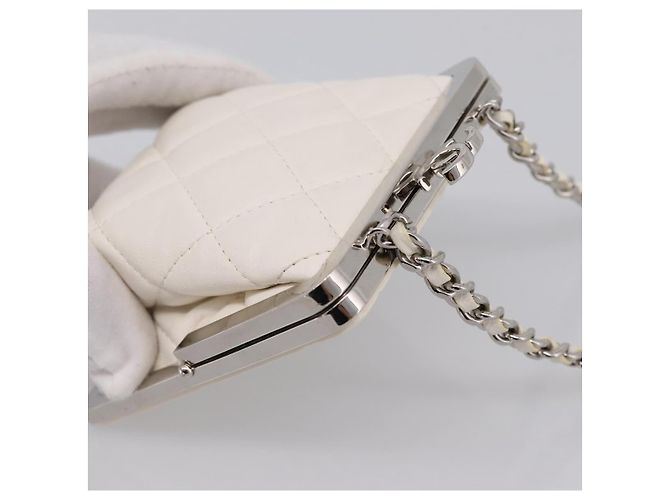 CHANEL Matelasse Chain Shoulder Pouch Lamb Skin White Silver CC Auth 197151M Argento Bianco - vista 6