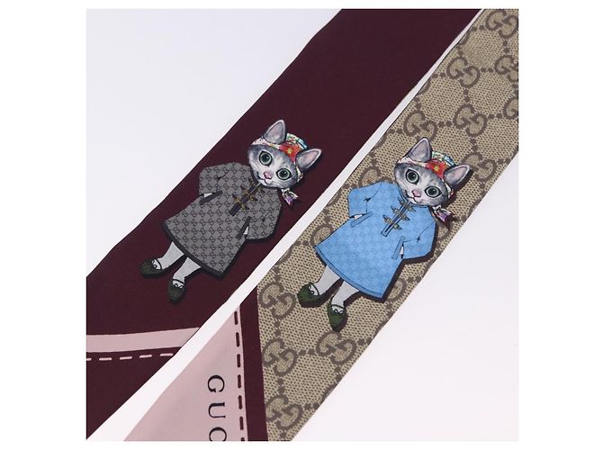 Sciarpa GUCCI GG Canvas Seta Collaborazione Higuchi Yuko Beige Auth 197171M - vista 10