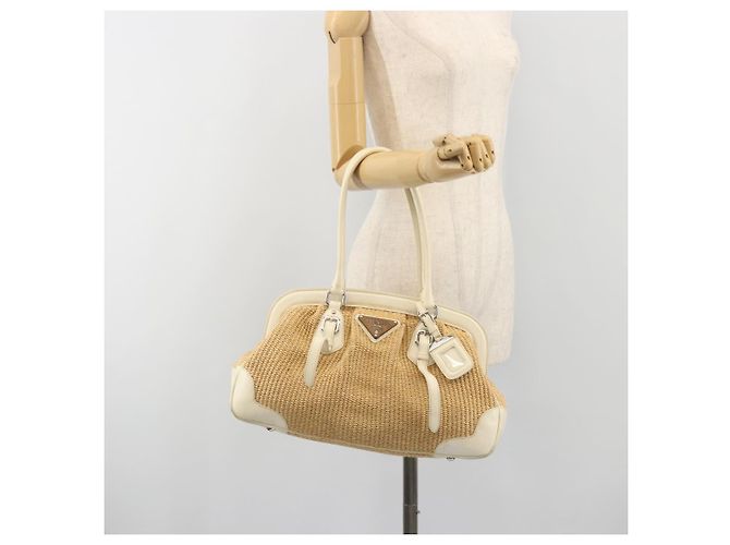 Borsa a Mano PRADA Paglia Beige Argento Auth 197502A - vista 26