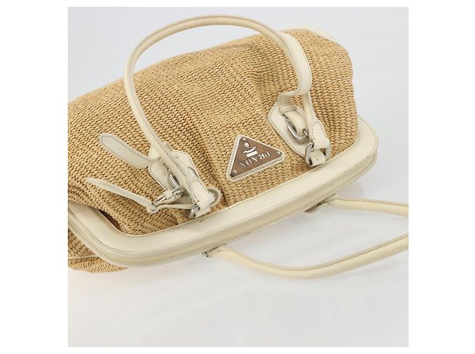 Borsa a Mano PRADA Paglia Beige Argento Auth 197502A - vista 6