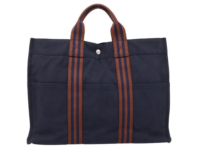 Hermès Borsa HERMES Fourre Tout MM in cotone blu navy argento Auth BA15062 - vista 13