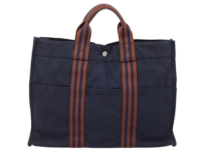 Hermès Borsa HERMES Fourre Tout MM in cotone blu navy argento Auth BA15062 - vista 2