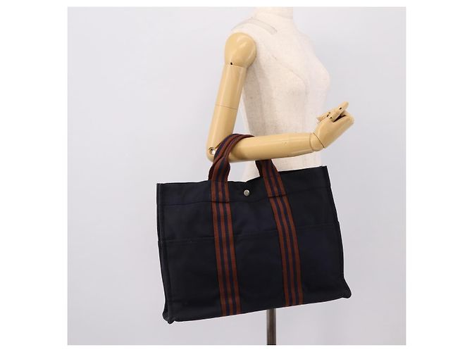Hermès Borsa HERMES Fourre Tout MM in cotone blu navy argento Auth BA15062 - vista 21