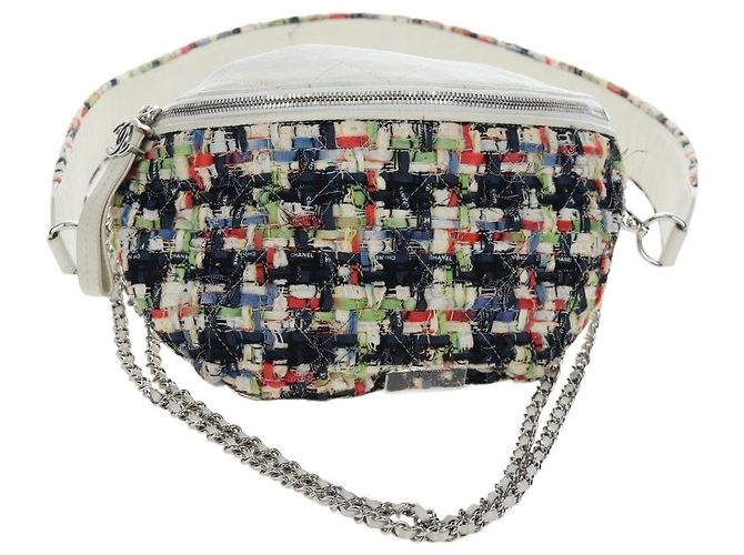 Borsa a tracolla CHANEL Chain Matelasse tweed White Silver CC Auth 195515M Argento Bianco - vista 13