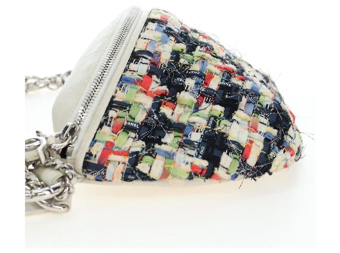 Borsa a tracolla CHANEL Chain Matelasse tweed White Silver CC Auth 195515M Argento Bianco - vista 3