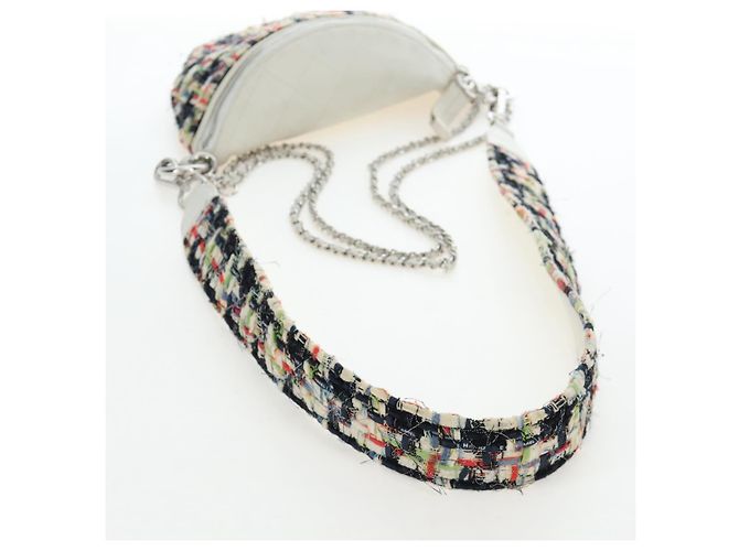Borsa a tracolla CHANEL Chain Matelasse tweed White Silver CC Auth 195515M Argento Bianco - vista 8