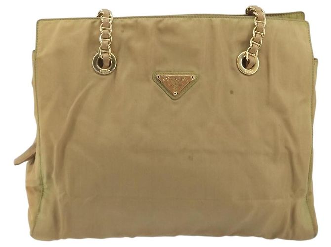 PRADA Chain Tote Bag Nylon Beige Gold Auth 194329 Golden - Ansicht 13