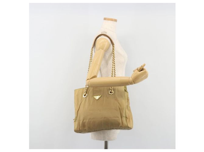 PRADA Chain Tote Bag Nylon Beige Gold Auth 194329 Golden - Ansicht 26