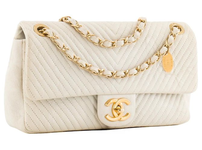 CHANEL - Borsa a tracolla Classic/Timeless Medaillon in pelle chevron stropicciata beige - vista 2