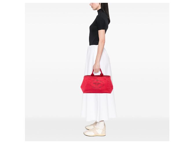 Borsa Tote Satchel Prada Large Canvas Canapa Logo rossa Rosso - vista 6