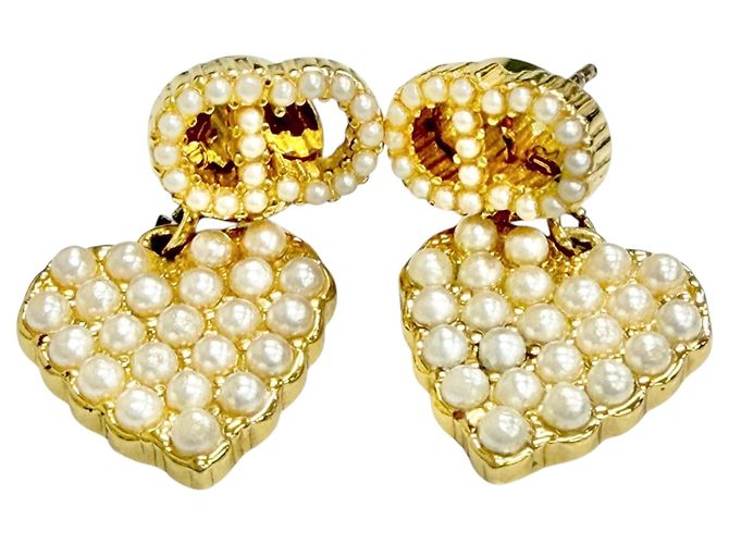 Orecchini Dior placcati in oro con logo CD, cuore in perle sintetiche e chiusura a pressione D'oro - vista 4