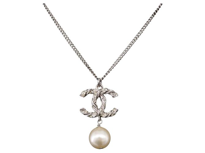 Chanel CC Pearl Drop Pendant Metal with Faux Pearl Silvery - view 3