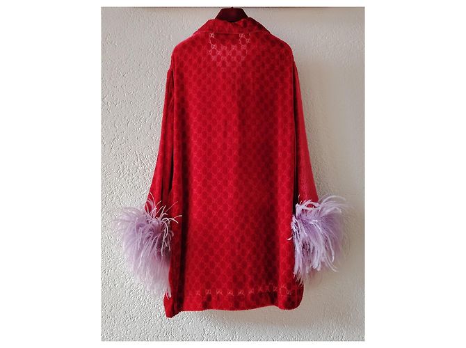 GUCCI GG DEVORÉ-SAMTJACKE rot mit Federn - Ansicht 4
