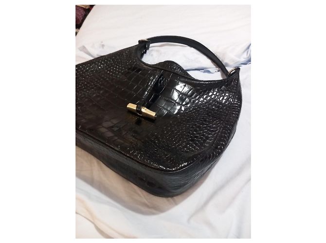 Borsa a spalla Longchamp in pelle nera effetto coccodrillo Nero - vista 8