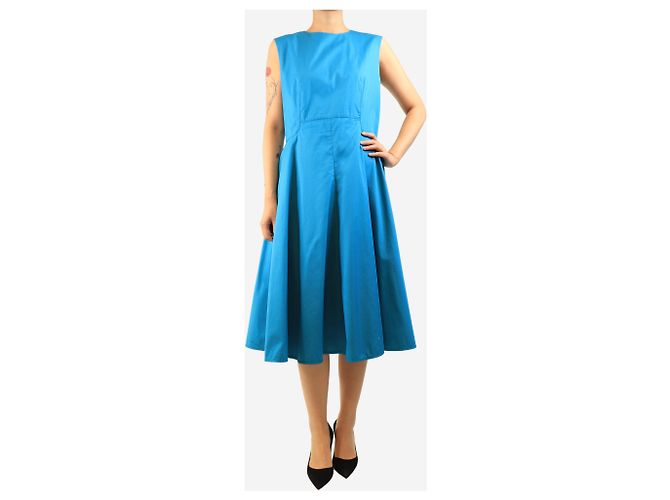 Hermès Vestido evasé de algodón azul - size UK 14 - vista 3