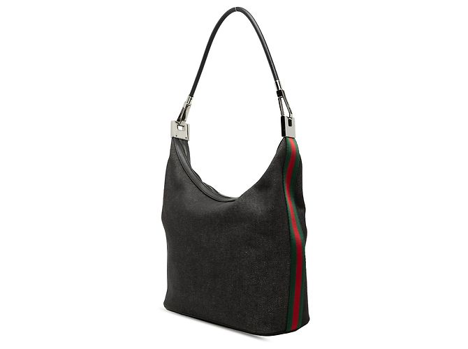 Gucci Schultertasche aus grauem Denim mit Web-Streifen Braun Anthrazitgrau - Ansicht 2