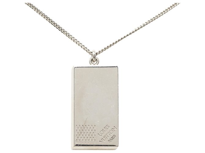 Collana Louis Vuitton Silver Brass Collier Plaque Damier Pendant Necklace Argento - vista 2