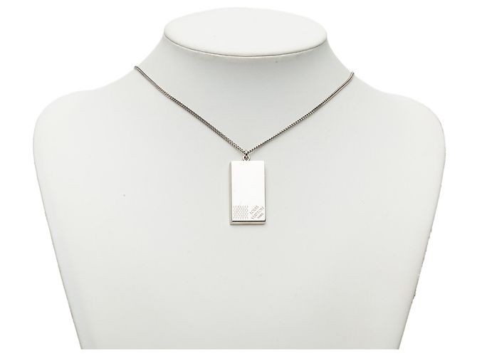 Collana Louis Vuitton Silver Brass Collier Plaque Damier Pendant Necklace Argento - vista 7