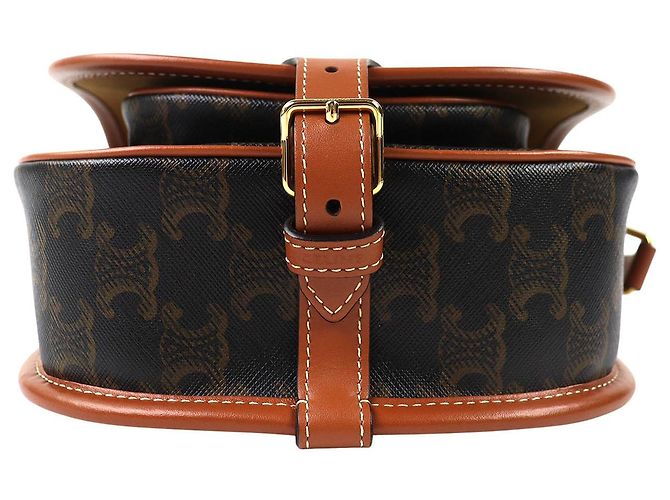 Céline Celine Brown Medium Triomphe Coated Canvas Folco Crossbody Marrone Marrone scuro - vista 3