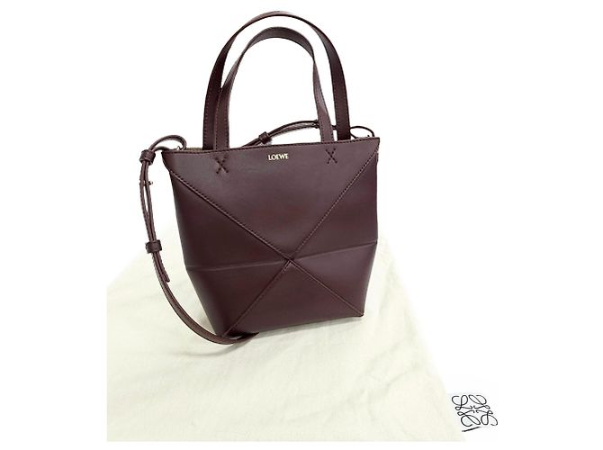 LOEWE Mini Tote Puzzle Fold in vitello lucido rosso Bordò - vista 11