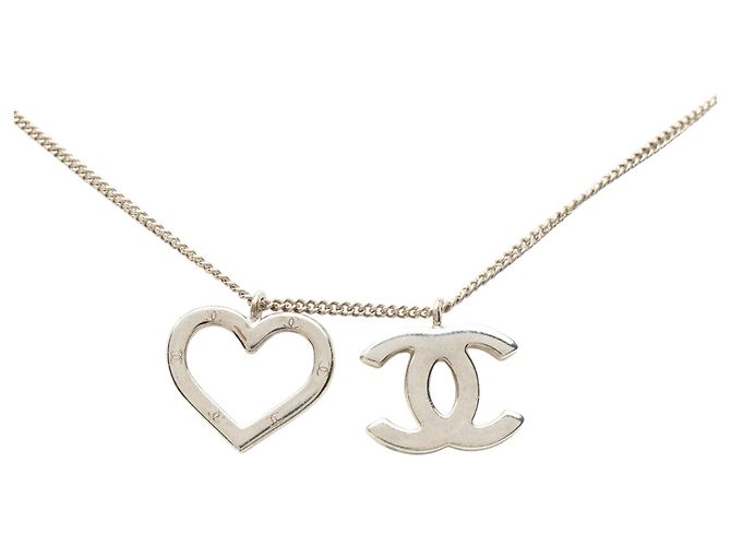 Chanel Silver CC Brass Heart Pendant Necklace Silvery - view 2