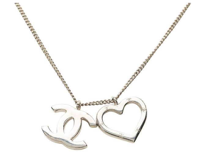 Chanel Silver CC Brass Heart Pendant Necklace Silvery - view 3