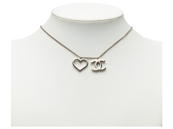 Chanel Silver CC Brass Heart Pendant Necklace Silvery - view 5