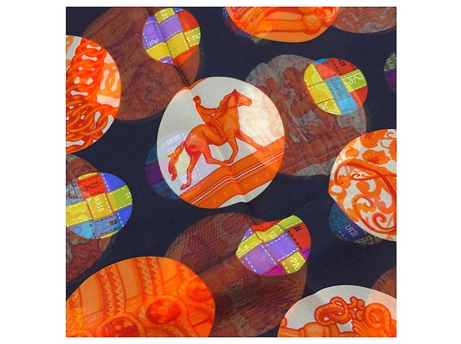 Hermès Long Stole Silk Muslin Borduc Medallion Nero Multicolore Arancione - vista 6