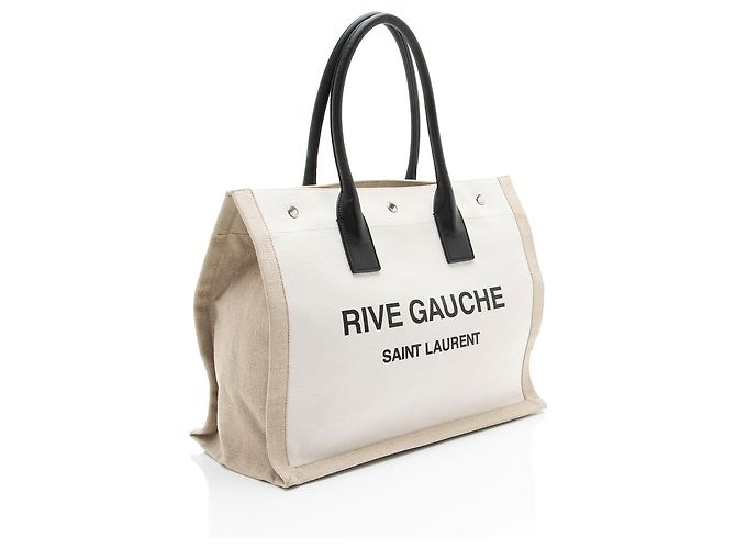 Saint Laurent Tote Small Rive Gauche in Tela e Pelle di Vitello Marrone Beige - vista 2