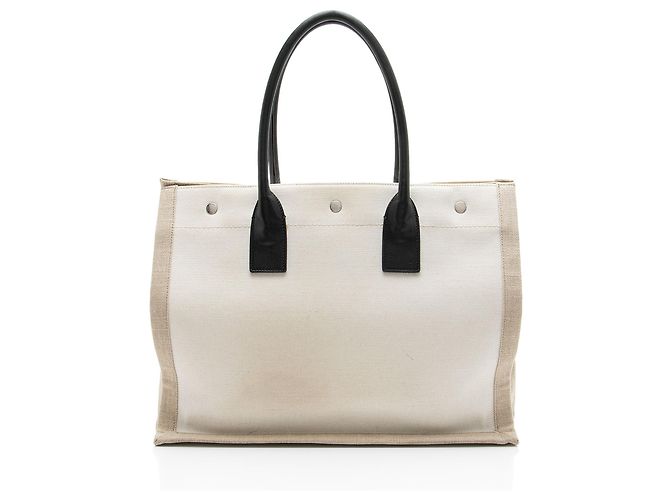 Saint Laurent Tote Small Rive Gauche in Tela e Pelle di Vitello Marrone Beige - vista 3