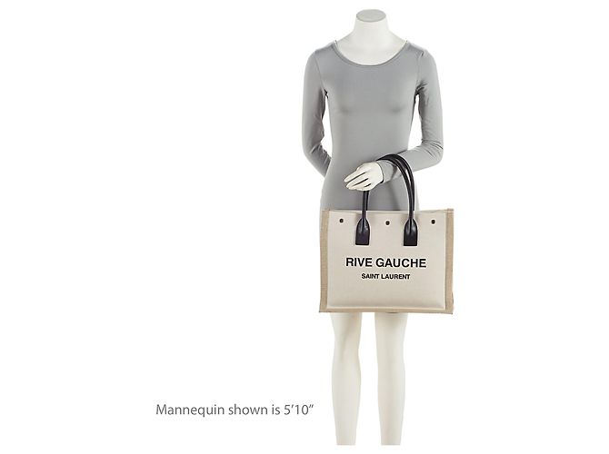 Saint Laurent Tote Small Rive Gauche in Tela e Pelle di Vitello Marrone Beige - vista 5