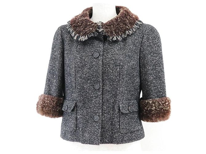 Chaqueta Chanel de Tweed y Piel de Conejo Castaño Gris antracita - vista 11