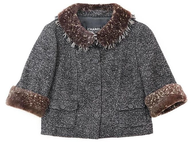Chaqueta Chanel de Tweed y Piel de Conejo Castaño Gris antracita - vista 12
