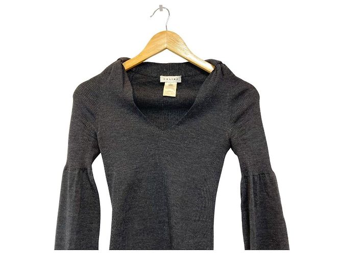 Céline Celine V-Ausschnitt Rippstrick-Top Braun - Ansicht 3
