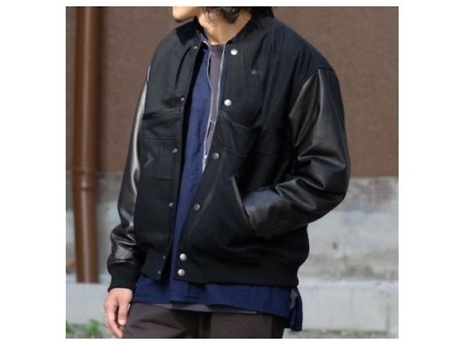 Autre Marque CHANGES REMAKE VARSITY JACKET Chaqueta Varsity de lana y cuero vacuno Negro Azul marino - vista 3
