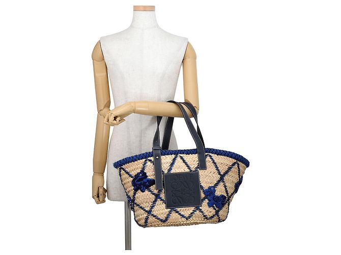 Borsa in rafia Loewe Anagram Blu Beige Blu navy - vista 4
