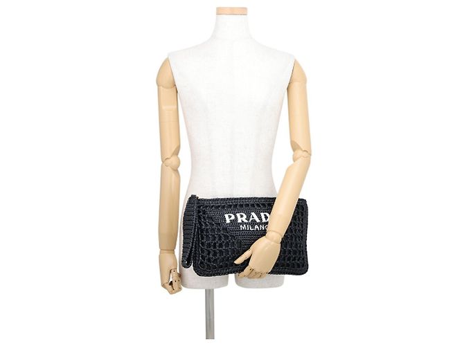 Borsa a pochette Prada in rafia nera Nero - vista 4